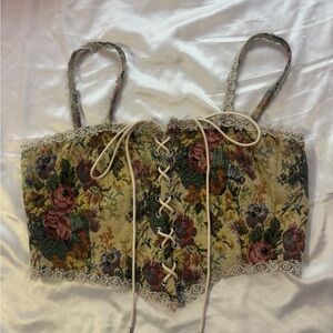 Cider Vintage Floral Lace-Up Crop Top